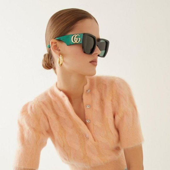 NEW Gucci GG0956S LOGO 001 Black Gold Green Rectangle Oversized Unisex Sunglasse - Picture 10 of 11